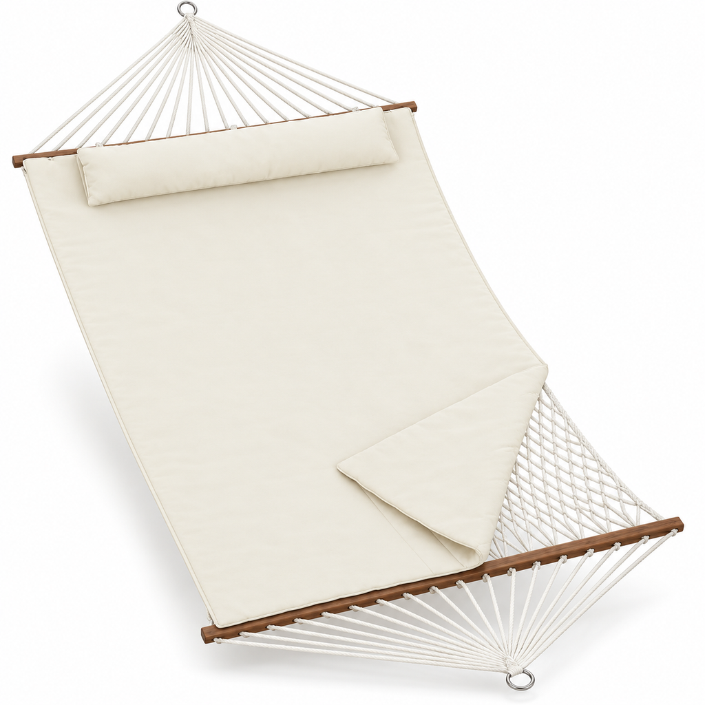 Hamac XXL en corde écru avec matelas amovible sur fond blanc