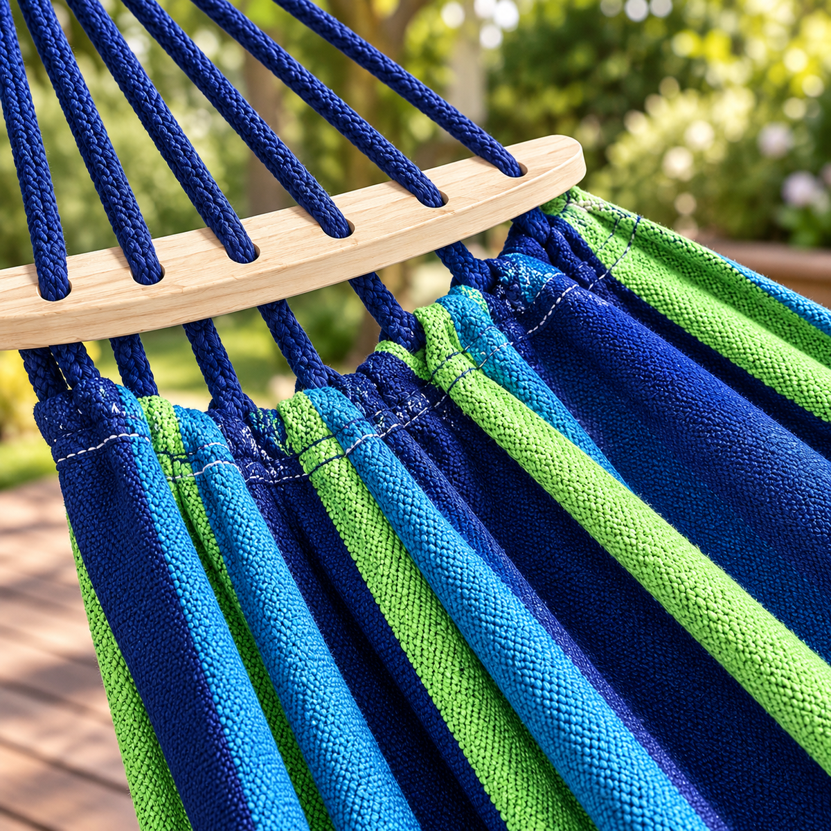 Gros plan sur le tissu rayé bleu-vert, les cordes et la barre en bois du hamac