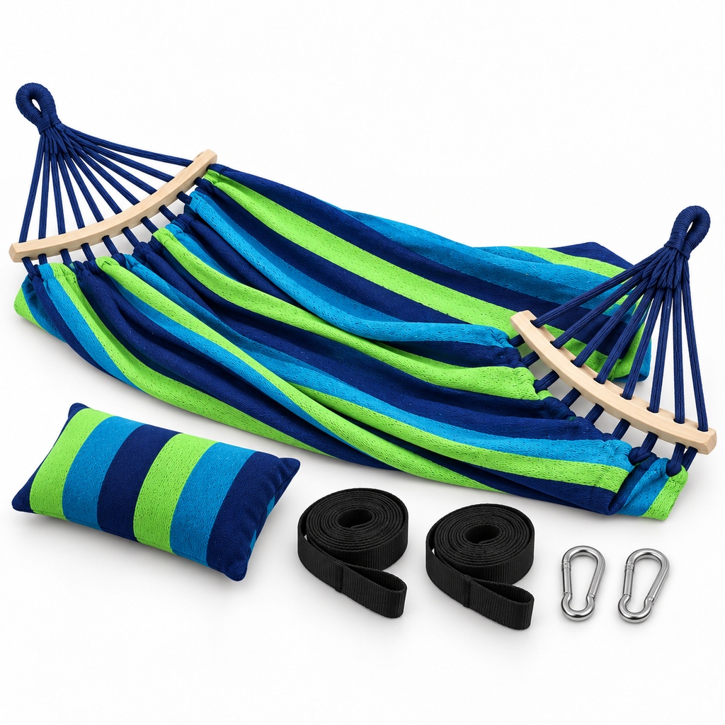 Contenu du hamac rayé bleu et vert : hamac à barres, oreiller, deux sangles et deux mousquetons