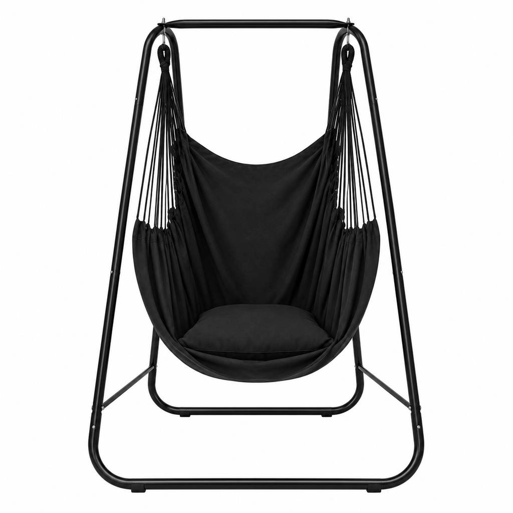 Fauteuil hamac noir avec portique et coussins sous un autre angle