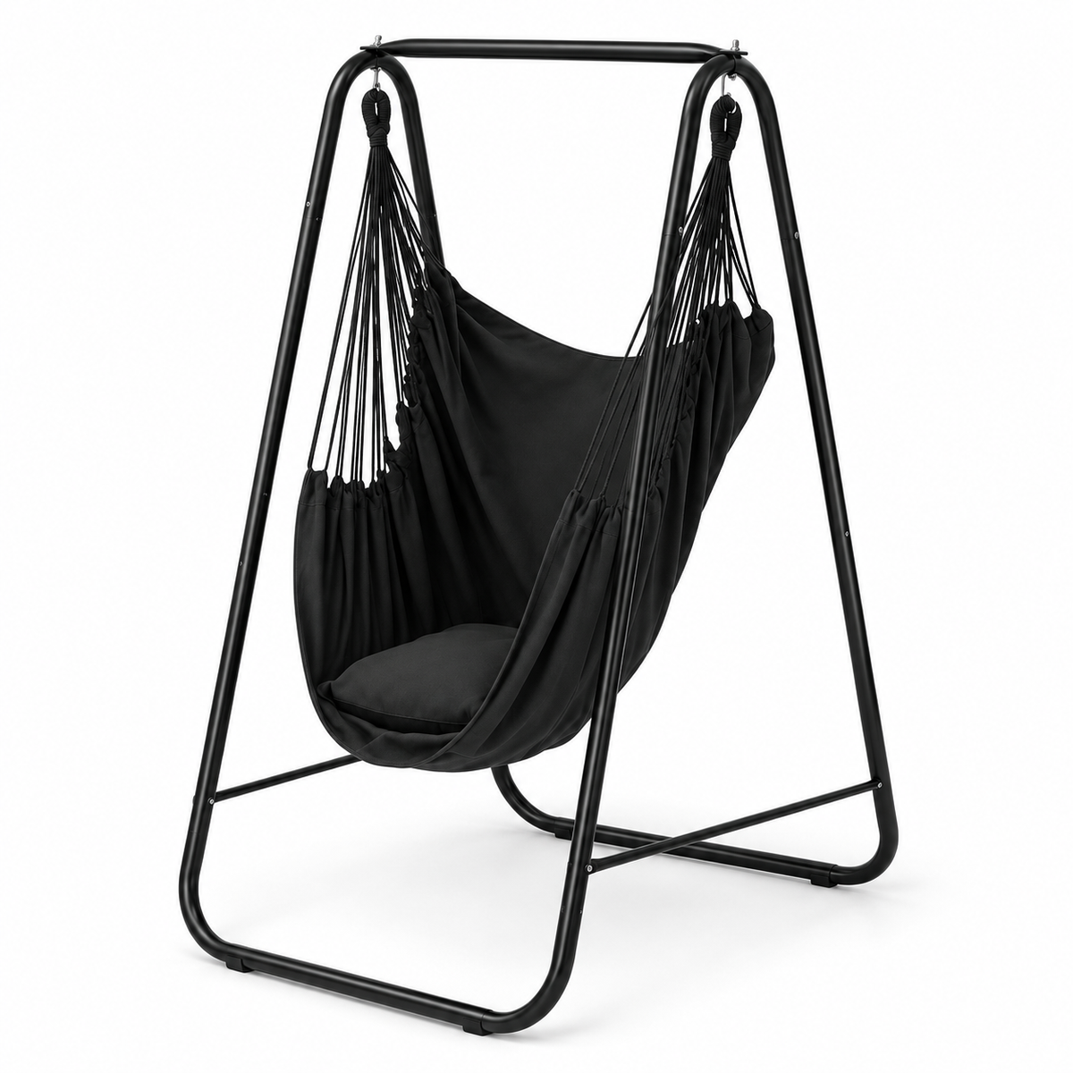 Fauteuil hamac noir avec portique et coussins sur fond blanc
