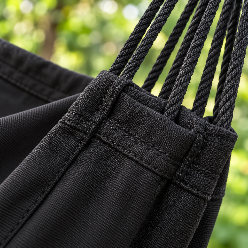 Gros plan sur les coutures de la toile et les cordes de suspension : chaise hamac en toile noire sans barre