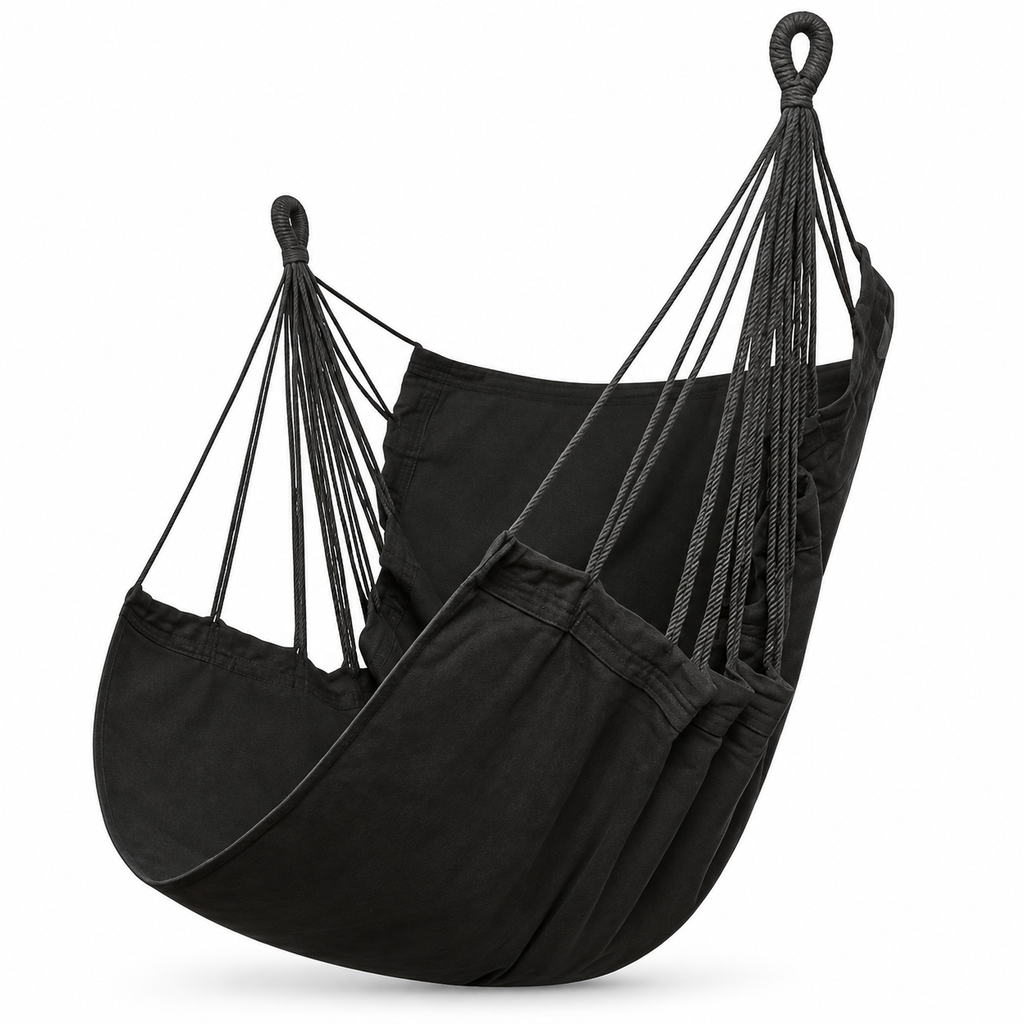 Chaise hamac en toile noire sans barre sur fond blanc