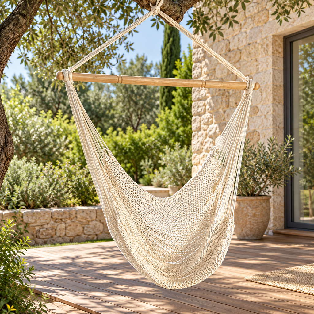 Fauteuil hamac en filet de corde écrue, vue de trois quarts dans un jardin