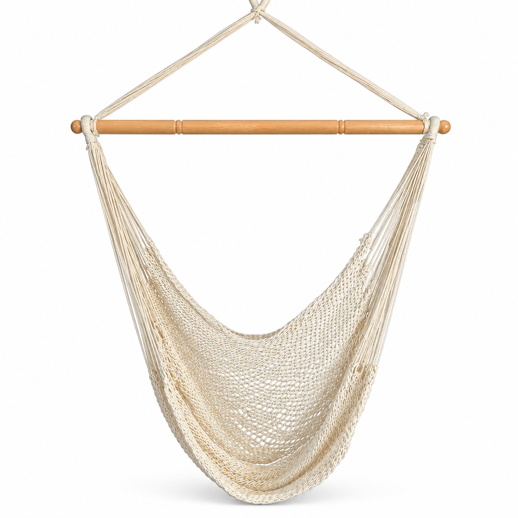 Fauteuil hamac en filet de corde écrue sur fond blanc