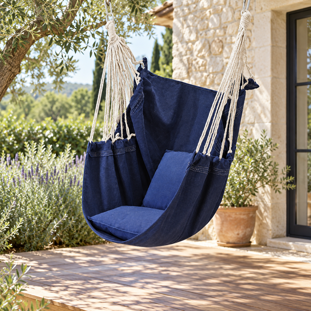 Chaise hamac bleu marine avec deux coussins bleus, vue de trois quarts dans un jardin