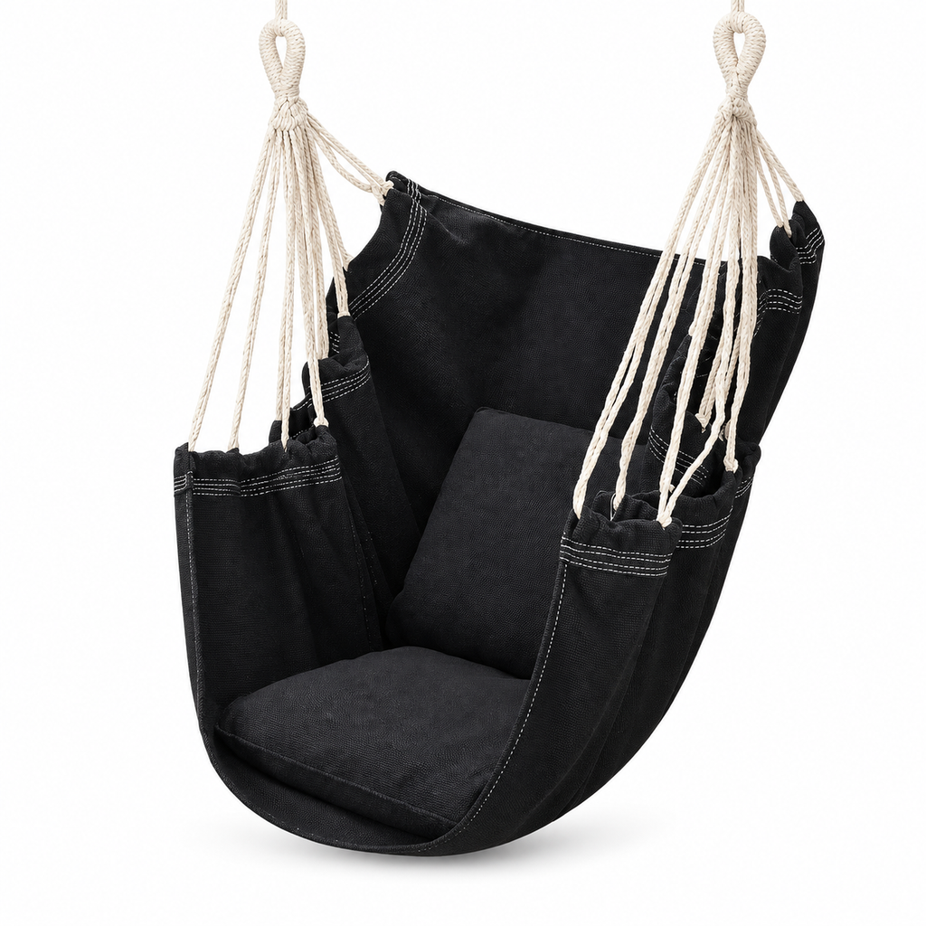 Chaise hamac noire avec coussins noirs sur fond blanc