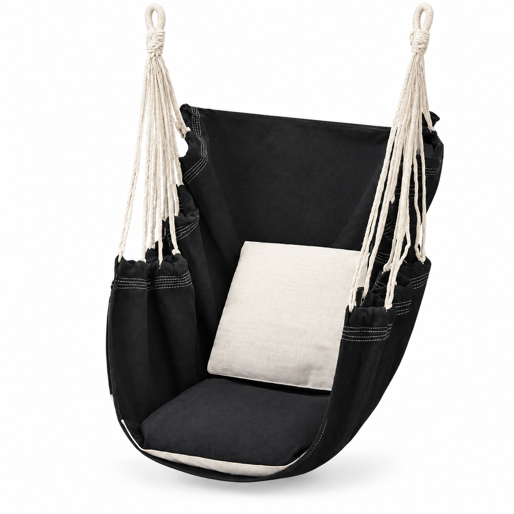 Chaise hamac noire avec coussins noirs et blancs sur fond blanc