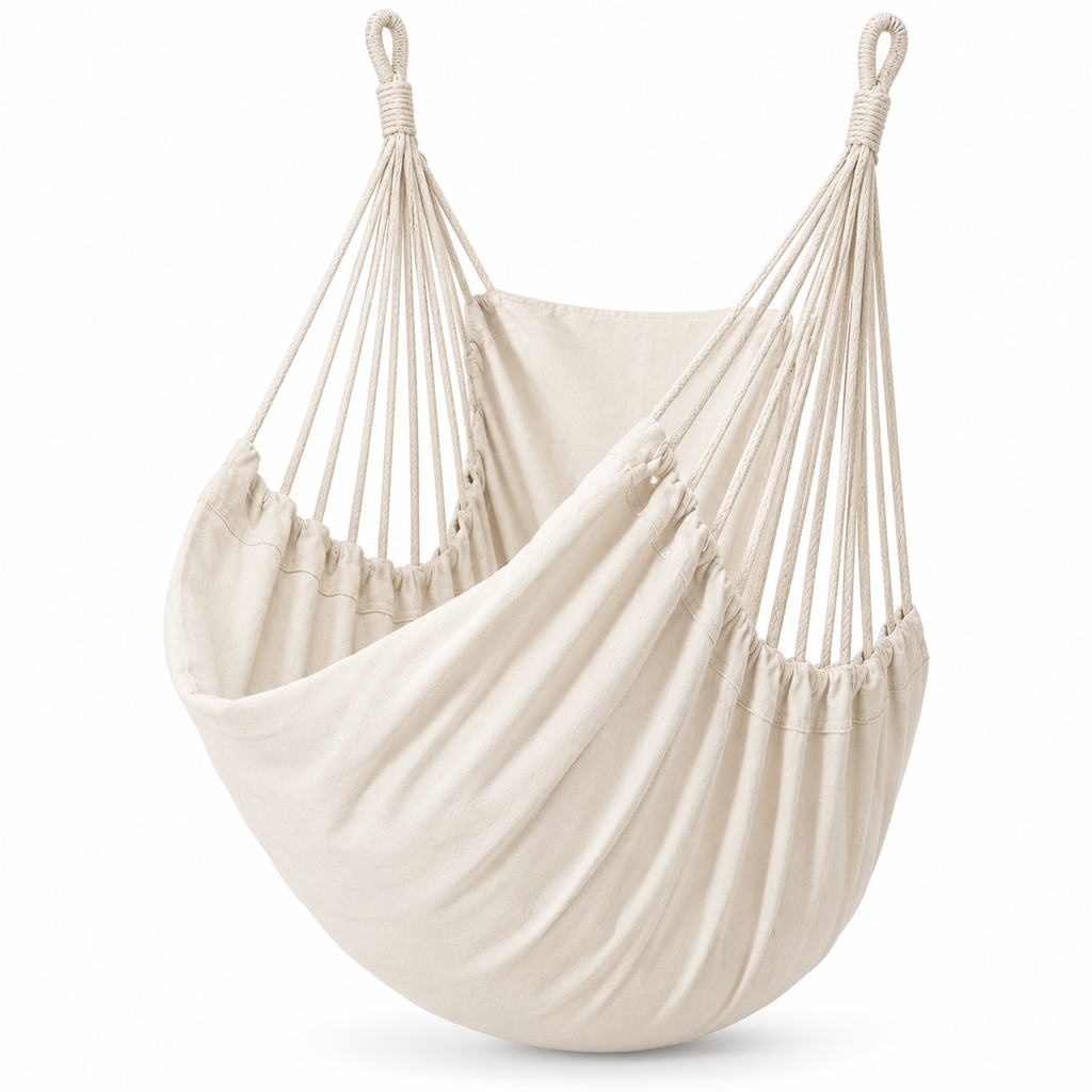Chaise hamac en toile écrue sur fond blanc