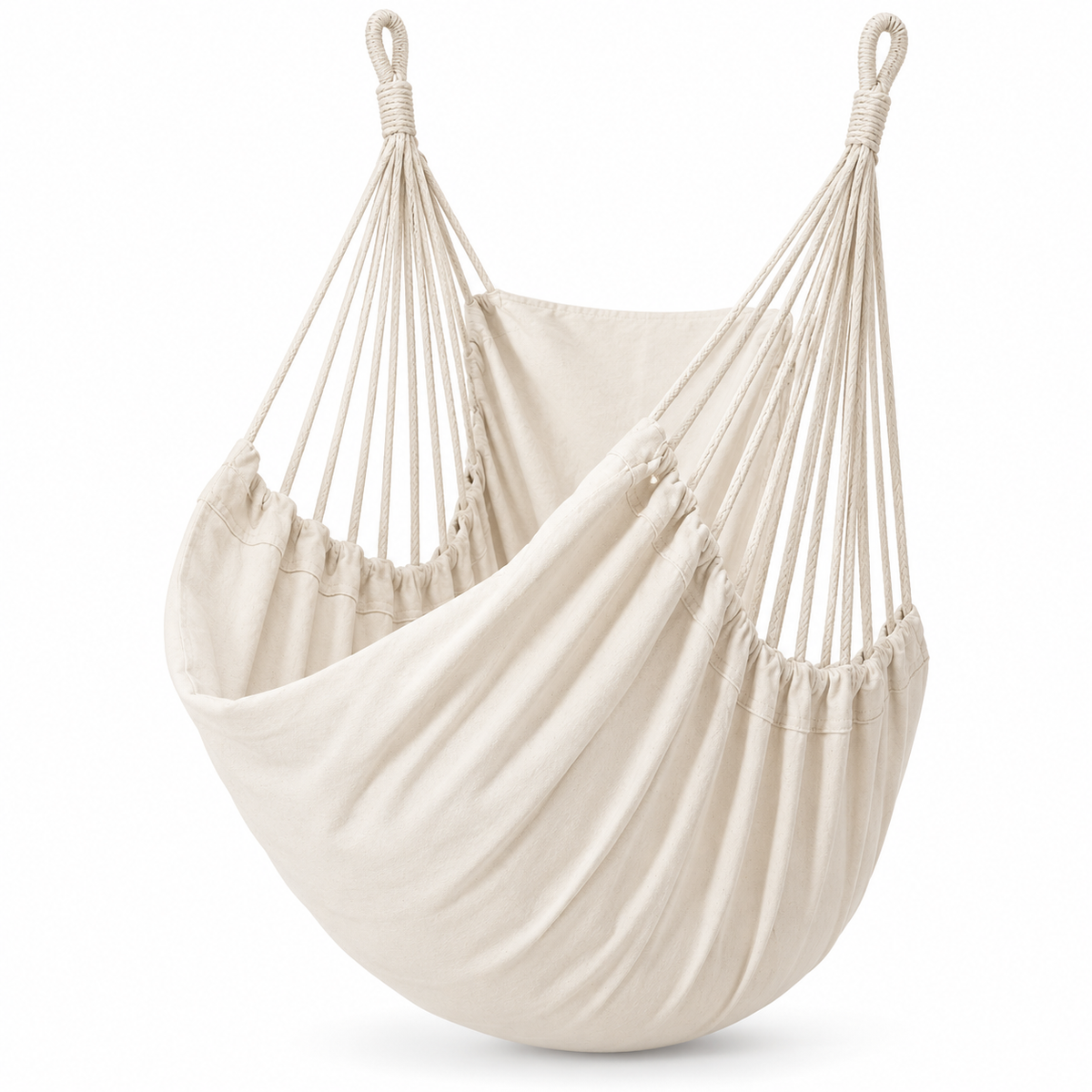 Chaise hamac en toile écrue sur fond blanc