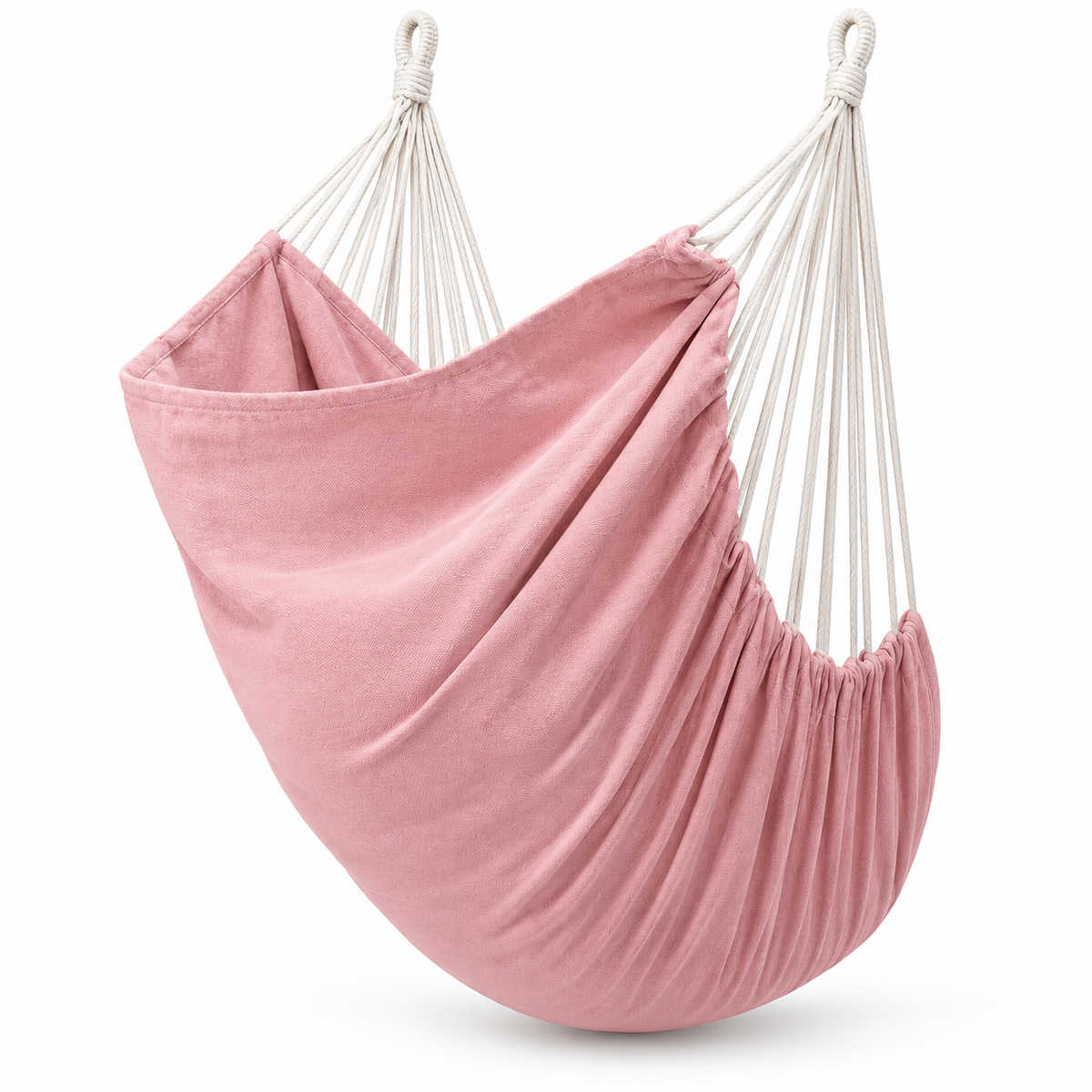 Chaise hamac en toile rose poudré sur fond blanc