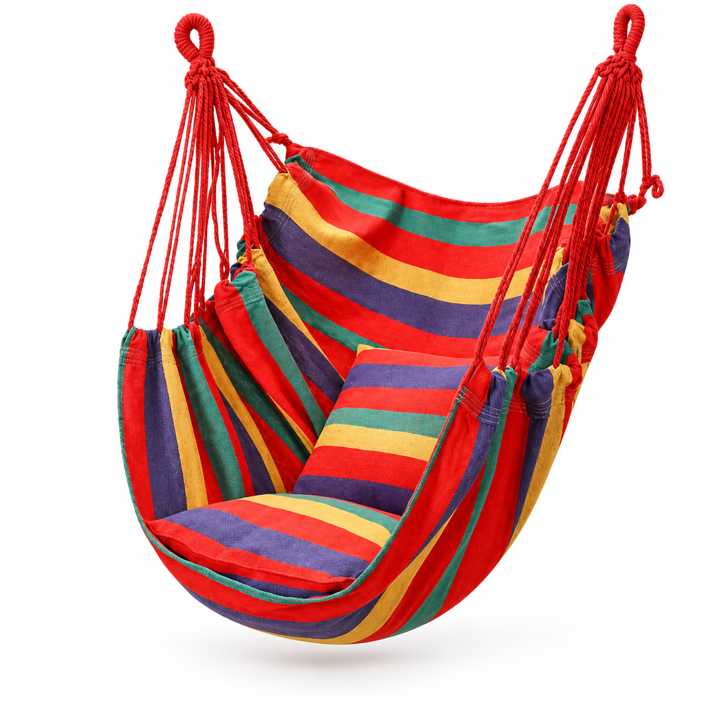 Chaise hamac rayée multicolore avec deux coussins sur fond blanc