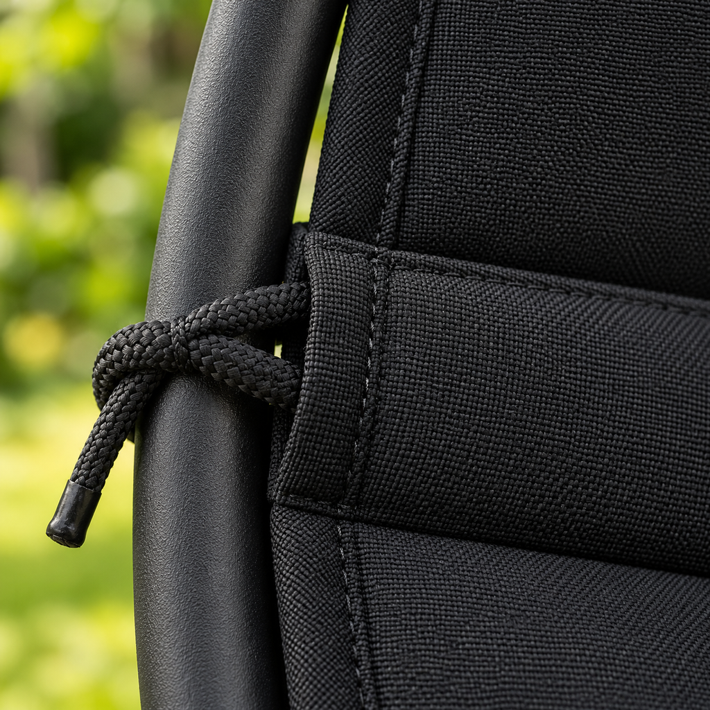 Gros plan sur la texture du tissu Oxford, les coutures et la structure noire du fauteuil suspendu