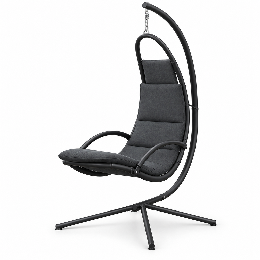 Fauteuil suspendu gris foncé en tissu Oxford avec pied sur fond blanc