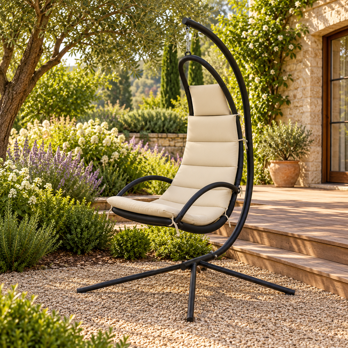 Fauteuil suspendu crème en tissu Oxford avec pied noir, vue de trois quarts dans un jardin