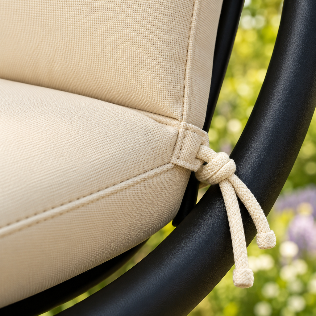 Gros plan sur la texture du tissu Oxford, les coutures et la structure noire du fauteuil suspendu