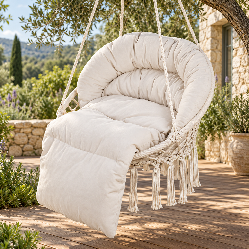 Fauteuil suspendu en macramé écru avec coussin, vue de trois quarts dans un jardin