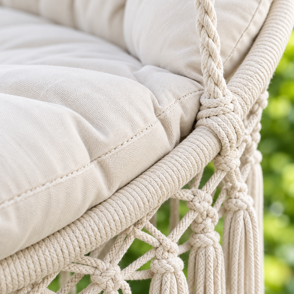 Gros plan sur les nœuds du macramé écru et le coussin du fauteuil suspendu