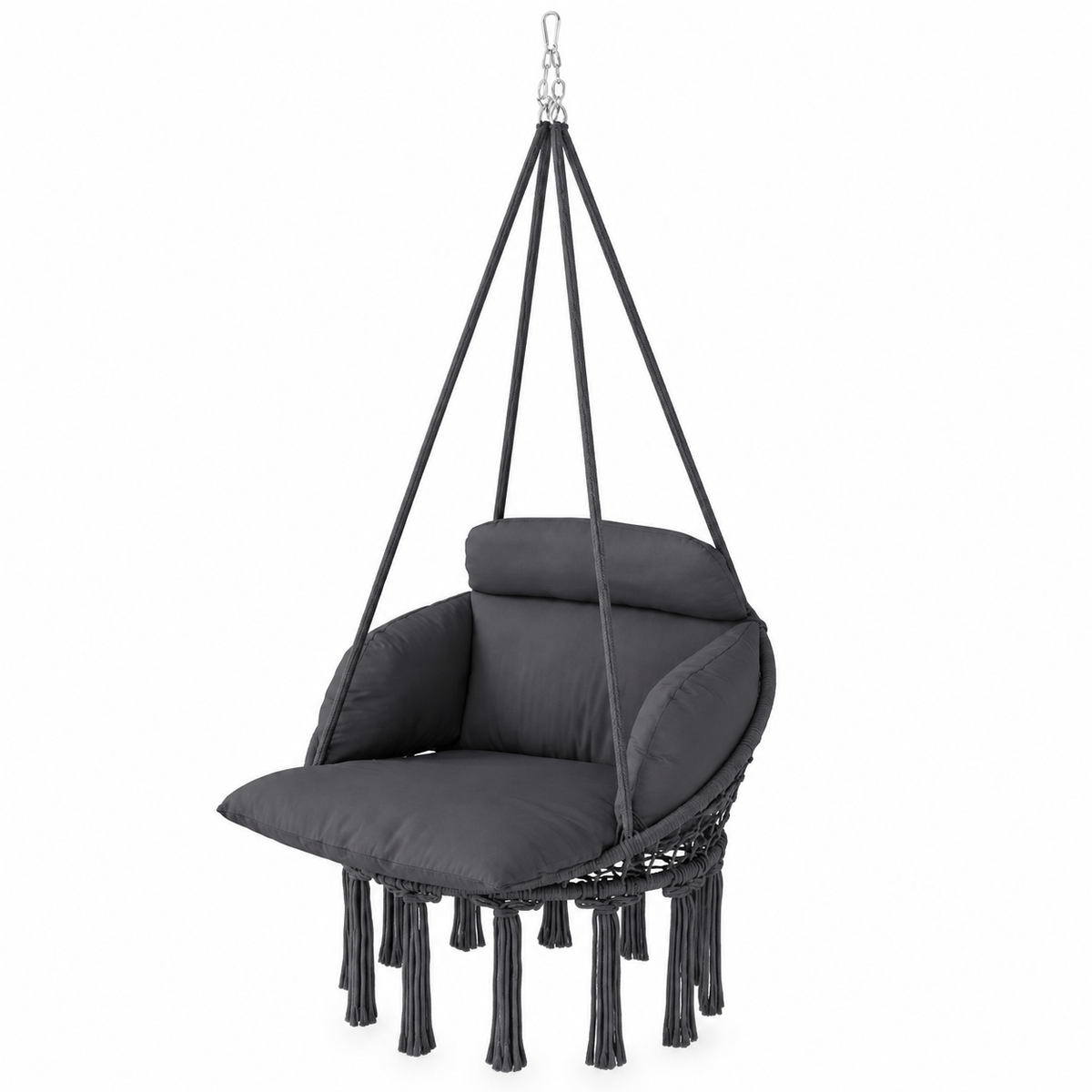 Fauteuil suspendu en macramé anthracite avec chaîne sur fond blanc