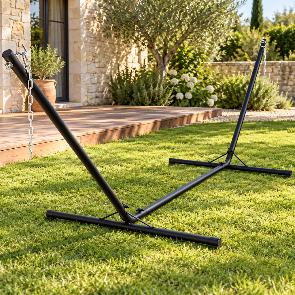 Support de hamac en acier noir, vue de trois quarts dans un jardin